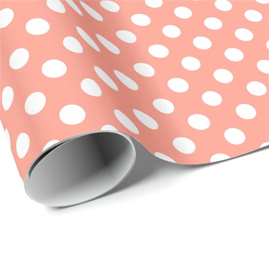 Papier Cadeau Grands rétros points - rose de corail et blanc (Coin rond)