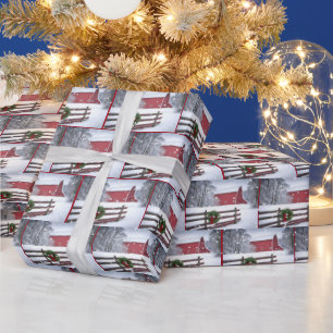 Papier Cadeau Grange de Noël Rouge en neige