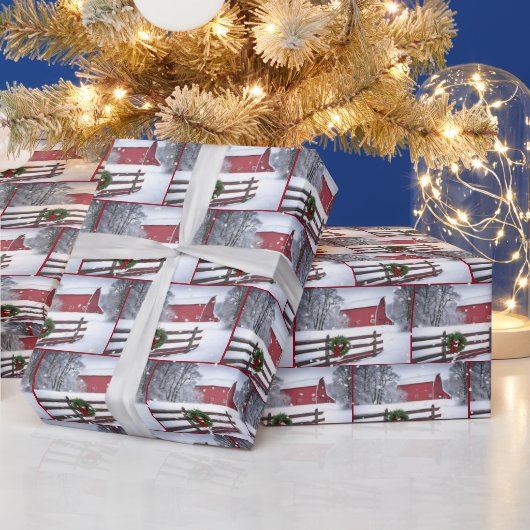 Papier Cadeau Grange de Noël Rouge en neige (Vacances)