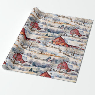 Papier Cadeau Grange rouge Hiver à la ferme