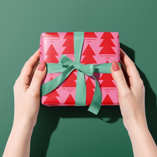 Papier Cadeau Graphique d'arbre de Noël rose moderne