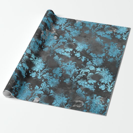 Papier Cadeau Graphite Gris Bleu Noir Floral Grungy Shabby (Déroulé)