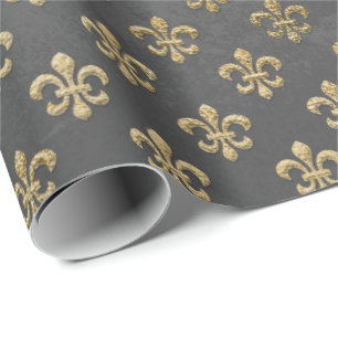 Papier Cadeau Graphite gris de Grungy Fleur De Lis Royal d'or