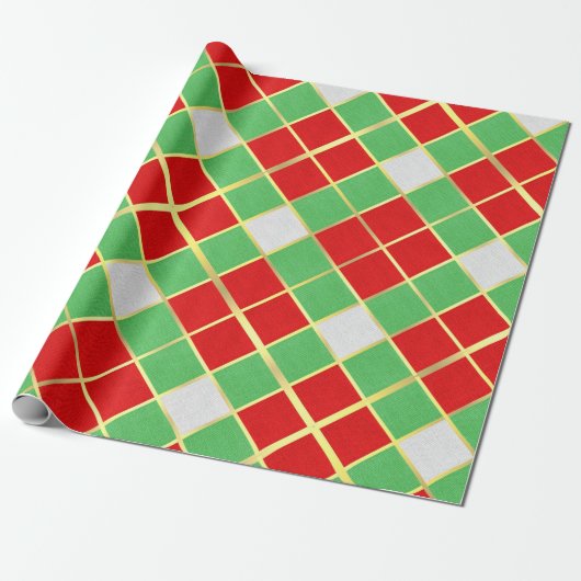Papier Cadeau Gras Noël Plaid Rouge Vert Or & Blanc (Déroulé)