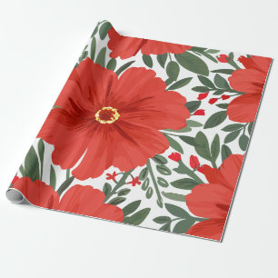 Papier Cadeau Gras Rouge Floral avec des Feuilles verts luxurian