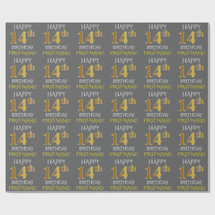 Papier Cadeau Gray, Faux Gold "HAPPY 14th BIRTHDAY"