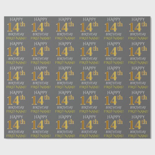 Papier Cadeau Gray, Faux Gold "HAPPY 14th BIRTHDAY" (Plat)