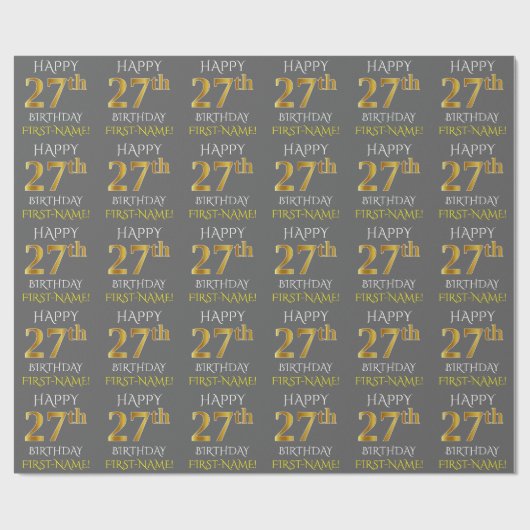 Papier Cadeau Gray, Faux Gold "HAPPY 27th BIRTHDAY" (Plat)