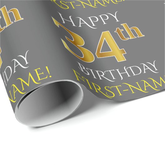 Papier Cadeau Gray, Faux Gold "HAPPY 34th BIRTHDAY" (Coin rond)