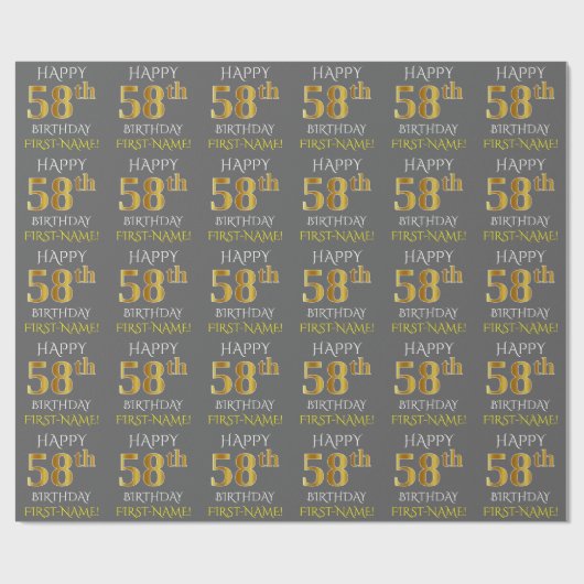 Papier Cadeau Gray, Faux Gold "HAPPY 58th BIRTHDAY" (Plat)