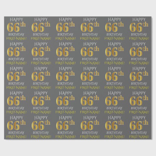 Papier Cadeau Gray, Faux Gold "HAPPY 66th BIRTHDAY" (Plat)