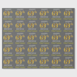 Papier Cadeau Gray, Faux Gold "HAPPY 69th BIRTHDAY"