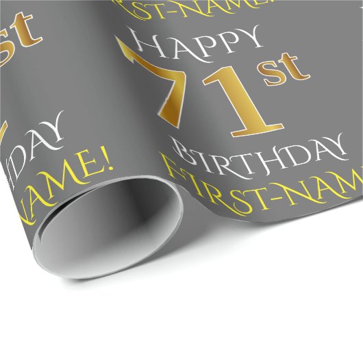Papier Cadeau Gray, Faux Gold "HAPPY 71st BIRTHDAY" (Coin rond)