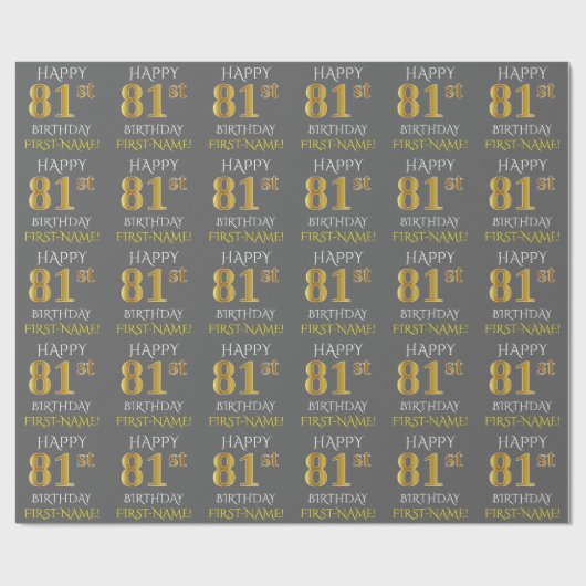 Papier Cadeau Gray, Faux Gold "HAPPY 81st BIRTHDAY" (Plat)