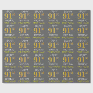 Papier Cadeau Gray, Faux Gold "HAPPY 91st BANTHDAY"