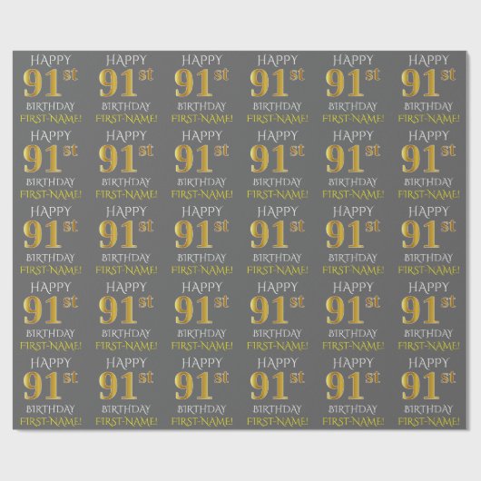 Papier Cadeau Gray, Faux Gold "HAPPY 91st BANTHDAY" (Plat)