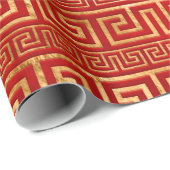 Papier Cadeau Grec Meander - Clé grecque - Or sur Rouge (Coin rond)