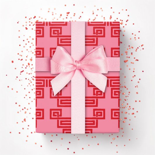 Papier Cadeau Greek Key Meander Tier in Pink and Red