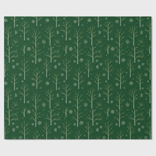 Papier Cadeau Green Birch Tree – Winter Snowflake & Warm Light (Plat)