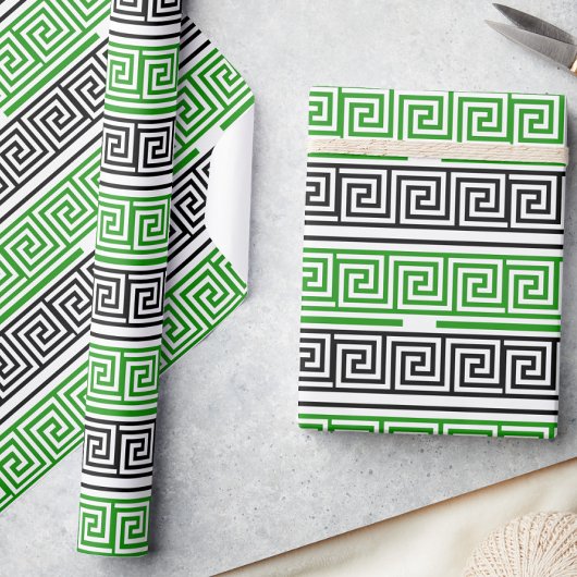 Papier Cadeau Green Black White Greek Key Fret Pattern Design 