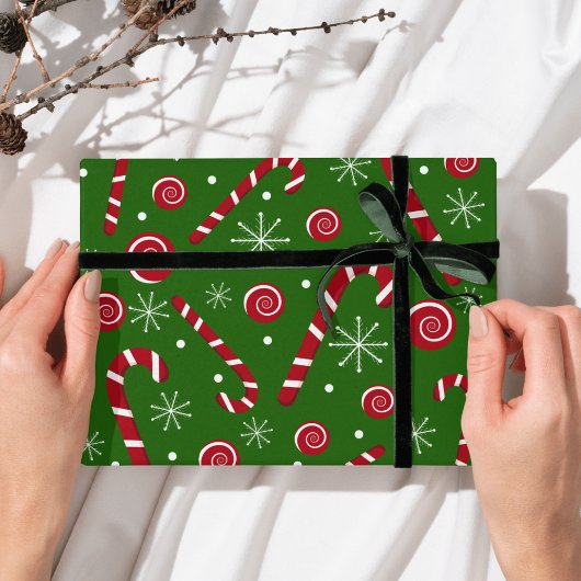 Papier Cadeau Green Candy Cane & Swirl Christmas Wrapping paper