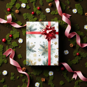Papier Cadeau Green Gold Snowflake Holiday Luxe Aquarelle