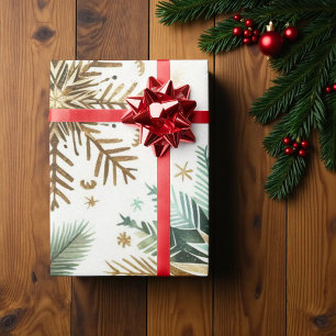 Papier Cadeau Green Gold Snowflake Holiday Luxe Aquarelle