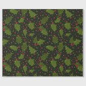 Papier Cadeau Green Holly Feuilles Red Berries Noël (Plat)
