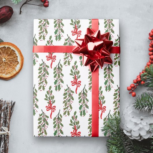 Papier Cadeau Green Holly Garland avec Red Bows Noël