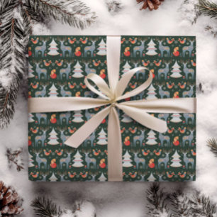 Papier Cadeau Green Nordic Reindeer sapin de Noël Floral