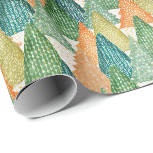 Papier Cadeau Green Orange Minimal Tendance PINE TREE NOËL (Coin rond)