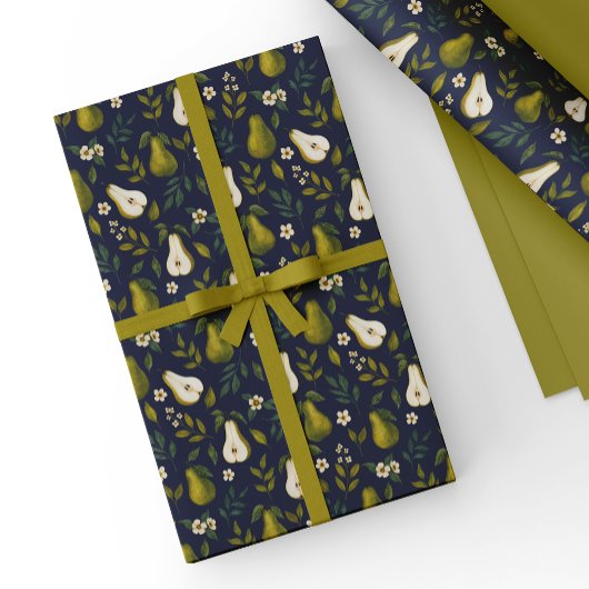 Papier Cadeau Green Pear Watercolor Pattern on Dark Blue 