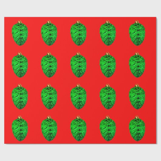 Papier Cadeau Green Pinecone Ornaments Red Wrapping Paper (Plat)