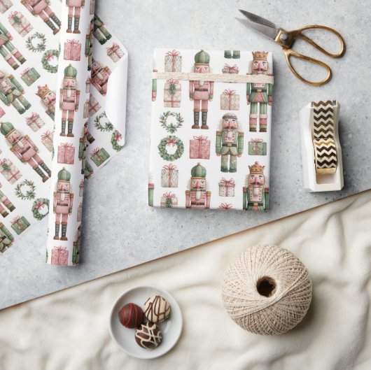 Papier Cadeau Green-Pink Nutcracker Holiday Pattern (Artisanat)
