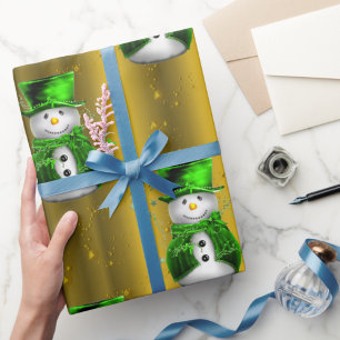 Papier Cadeau Green Snowman sur Gold Christmas