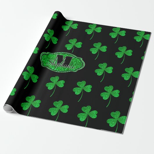Papier Cadeau Green Sparkly Shamrock Monogramme St Patrick (Déroulé)