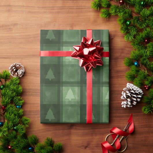 Papier Cadeau Green Textured Plaid With Fir Trees Christmas (Cadeau de vacances)
