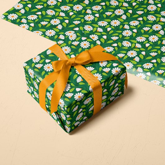 Papier Cadeau Green & White Spring Daisies & Vine Pattern