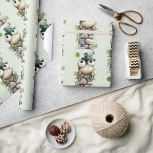 Papier Cadeau Grenouille avec chapeau vert et motif mignon de tr