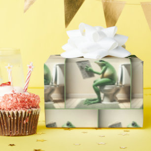 Papier Cadeau Grenouille verte assise sur des toilettes
