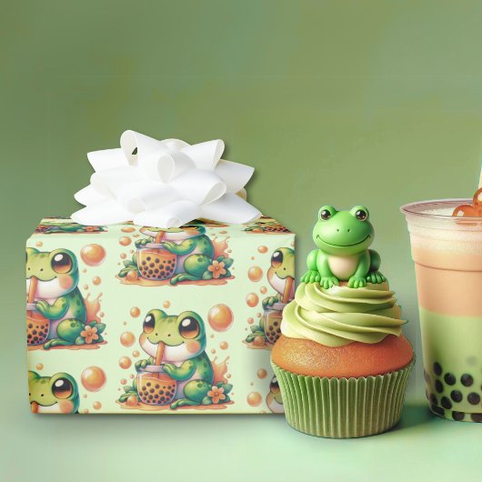 Papier Cadeau Grenouille verte et thé à bulle orange Boba