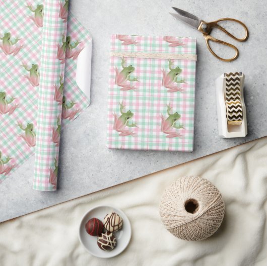 Papier Cadeau Grenouilles En vichy vert rose (Artisanat)
