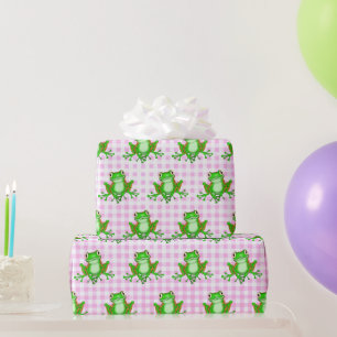 Papier Cadeau Grenouilles vertes sur En vichy rose