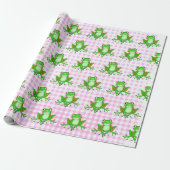 Papier Cadeau Grenouilles vertes sur En vichy rose (Déroulé)