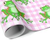 Papier Cadeau Grenouilles vertes sur En vichy rose (Coin rond)