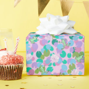 Papier Cadeau Grenouilles vertes Whimsical et Lily Pads sur rose