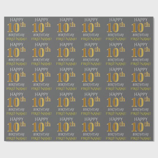Papier Cadeau Grey, Faux Gold "HAPPY 10th BIRTHDAY" (Plat)
