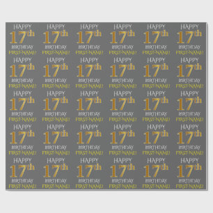 Papier Cadeau Grey, Faux Gold "HAPPY 17th BIRTHDAY"