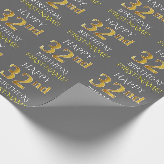 Papier Cadeau Grey, Faux Gold "HAPPY 32nd BIRTHDAY" (Coin)