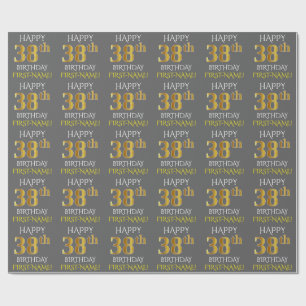 Papier Cadeau Grey, Faux Gold "HAPPY 38th BIRTHDAY"